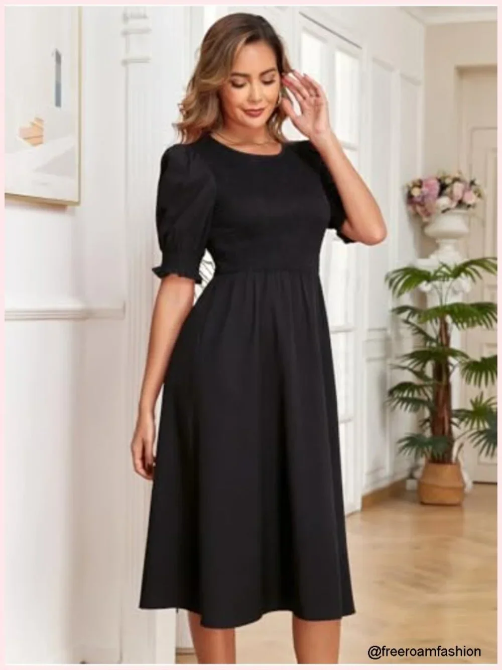 Women Casual Summer Midi Dress Crewneck Puff Sleeve A-Line with Pockets Smocked